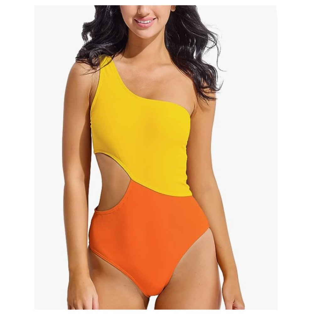 NEW Beautikini Women's One-Piece One-Shoulder Cut-Out Colorblock Swimsuit - SZ L